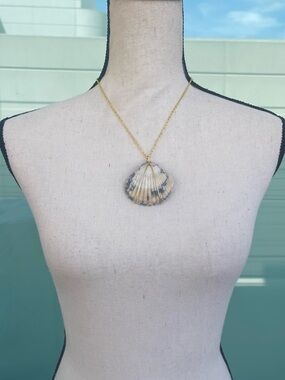 Blue and White Seashell Necklace Gold Tone Wire Wrap Handmade